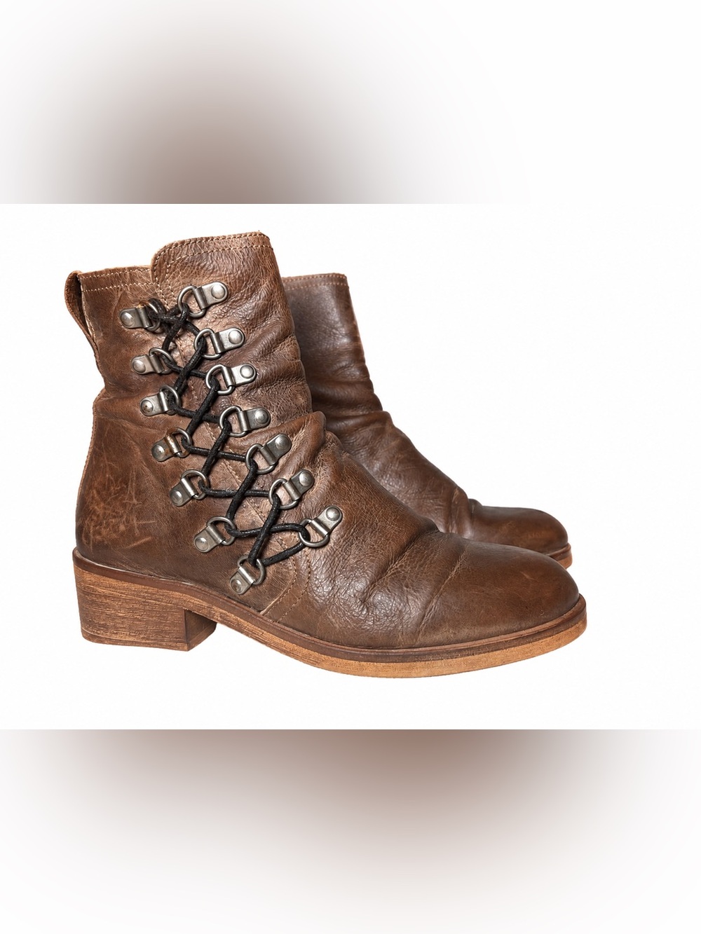 Mala Vita Agatha Brown Leather Lace Up Distressed Ankle MotoBoots EU 37 US 7